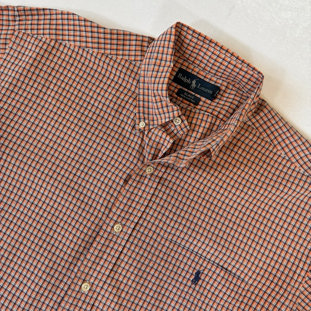 Ralph Lauren Button Down Shirt Mens L Orange‎ Navy Check Blake Short Sleeve